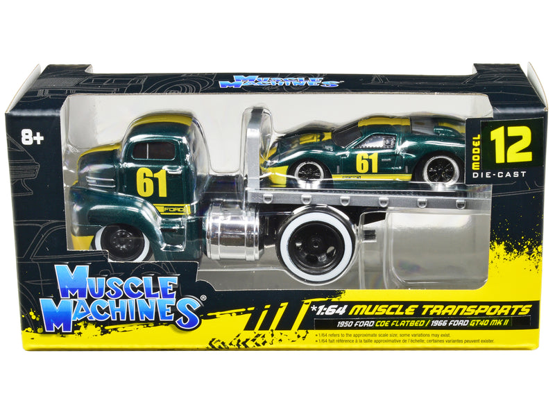 1950 Ford COE Flatbed Truck #61 and 1966 Ford GT40 MK II #61 Green Metallic with Yellow Stripes Muscle Transports Series 1/64 Diecast Model Cars by Muscle Machines