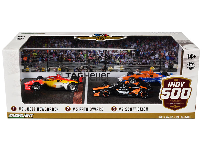 "108th Indianapolis 500" (2024) Podium Set of 3 IndyCars 1/64 Diecast Model Cars by Greenlight