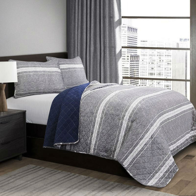 Queen Gray Navy Stripe Motif 100% Cotton Reversible Quilt Coverlet Bedspread Set