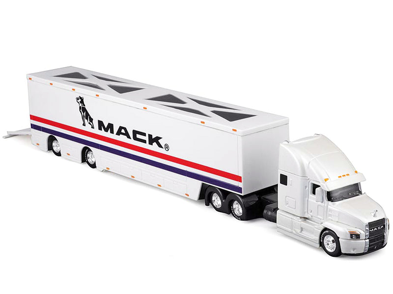 Mack Anthem Enclosed Car Transporter "Mack" White with Red and Blue Stripes "Custom Haulers" Series 1/64 Diecast Model by Maisto