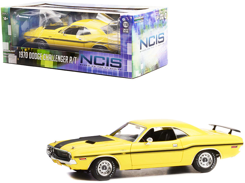 1970 Dodge Challenger R/T Yellow with Matt Black Stripes NCIS (2003) TV Series 1/18 Diecast Model Car by Greenlight