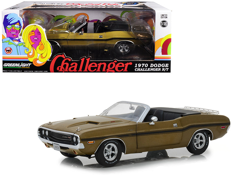 1970 Dodge Challenger R/T Convertible with Luggage Rack Metallic Gold with Black Stripes 1/18 Diecast Model Car by Greenlight