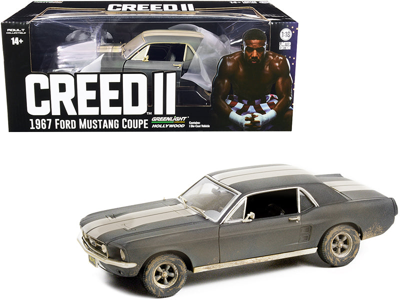 1967 Ford Mustang Coupe Matt Black with White Stripes (Weathered) (Adonis Creed's) Creed II (2018) Movie 1/18 Diecast Model Car by Greenlight