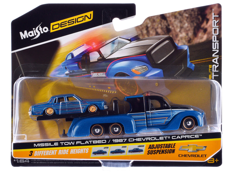 Missile Tow Flatbed Truck Blue Metallic and Black with Graphics and 1987 Chevrolet Caprice Lowrider Blue Metallic with Graphics "Elite Transport" Series 1/64 Diecast Models by Maisto