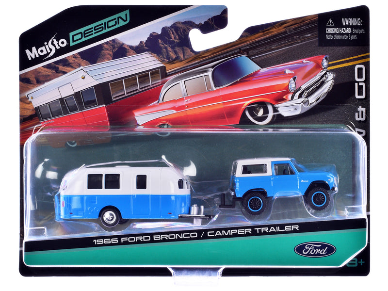 1966 Ford Bronco Blue with White Top and Camper Trailer Blue and White "Tow & Go" Series 1/64 Diecast Model Car by Maisto