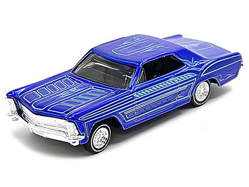 1965 Buick Riviera Candy Blue with Graphics Lowriders Maisto Design Series 1/64 Diecast Model Car by Maisto