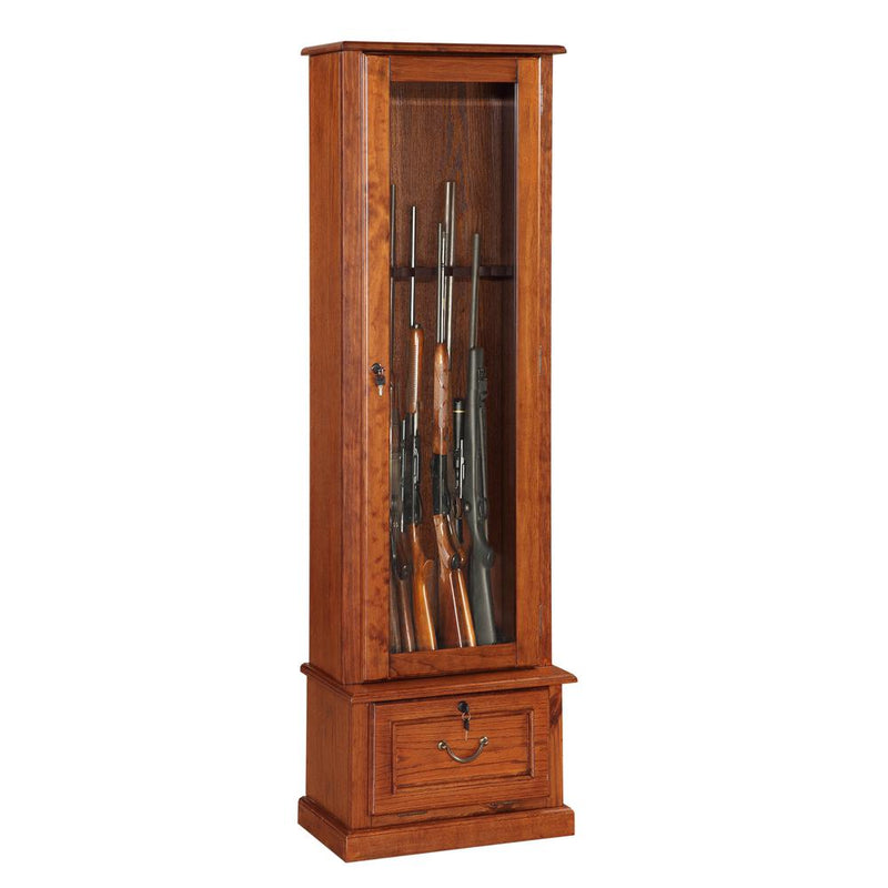 600, 8 Gun Cabinet with locking tempered glass door and locking drop down door.