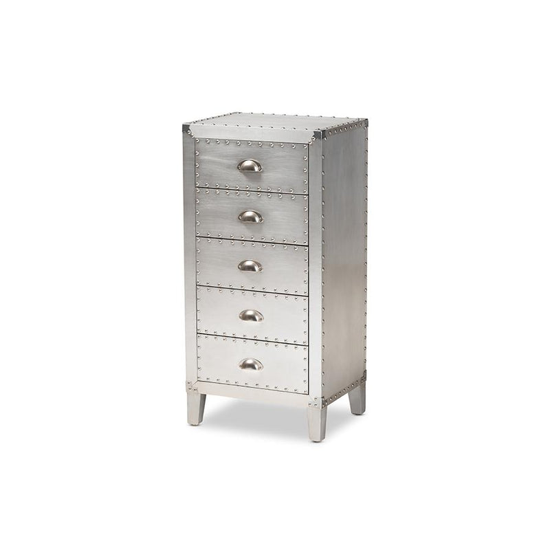 Carel French Industrial Silver Metal 5-Drawer Accent Storage Cabinet