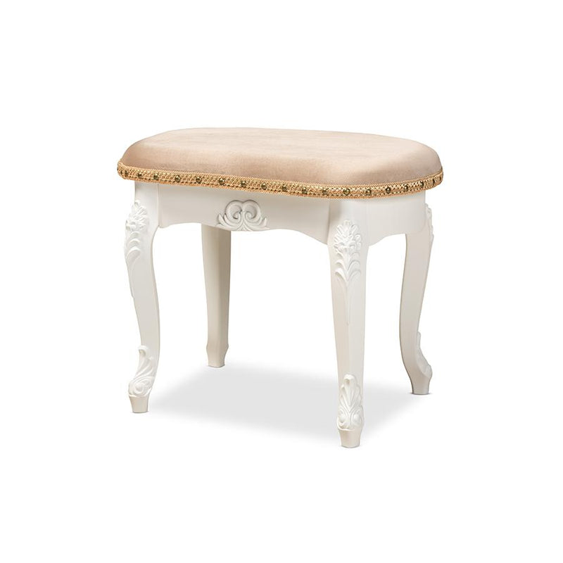 Velvet Fabric Upholstered White-Finished Wood Vanity Ottoman