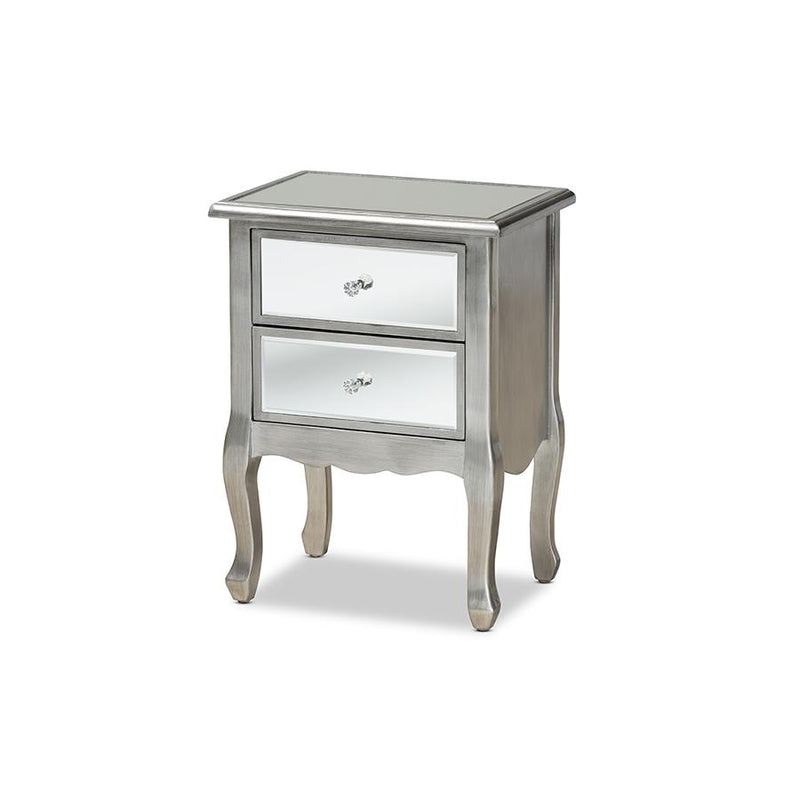 Leonie Modern Transitional French Brushed Silver Finished Wood and Mirrored Glass 2-Drawer Nightstand