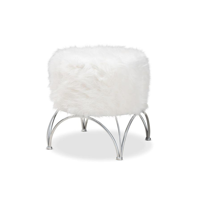 Celia Modern and Contemporary White Faux Fur Upholstered Silver Metal Ottoman