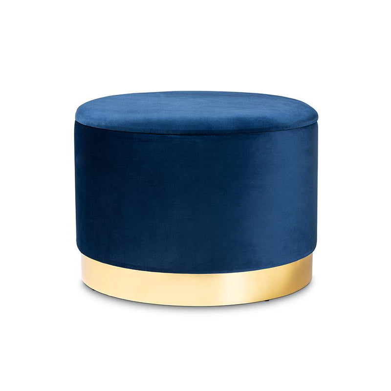 Luxe Navy Blue Velvet Fabric Upholstered Gold Finished Storage Ottoman