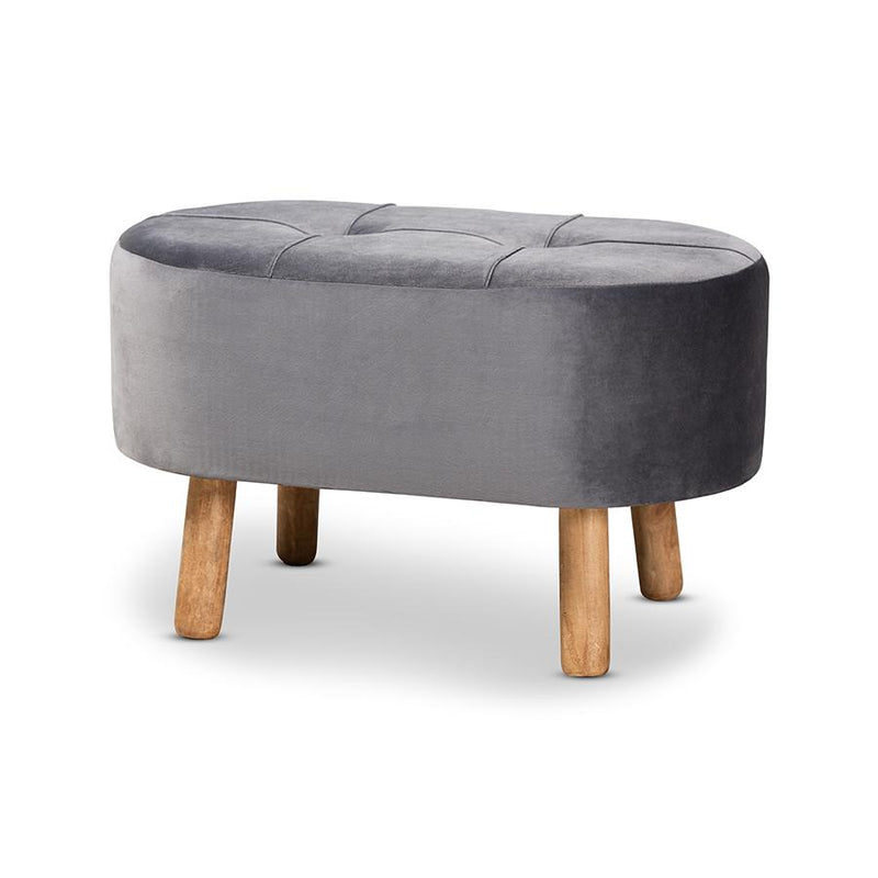 Simone Mid-Century Modern Grey Velvet Fabric Upholstered Wood Ottoman