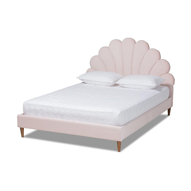 Walnut Brown Finished Wood Queen Size Seashell Shaped Platform Bed