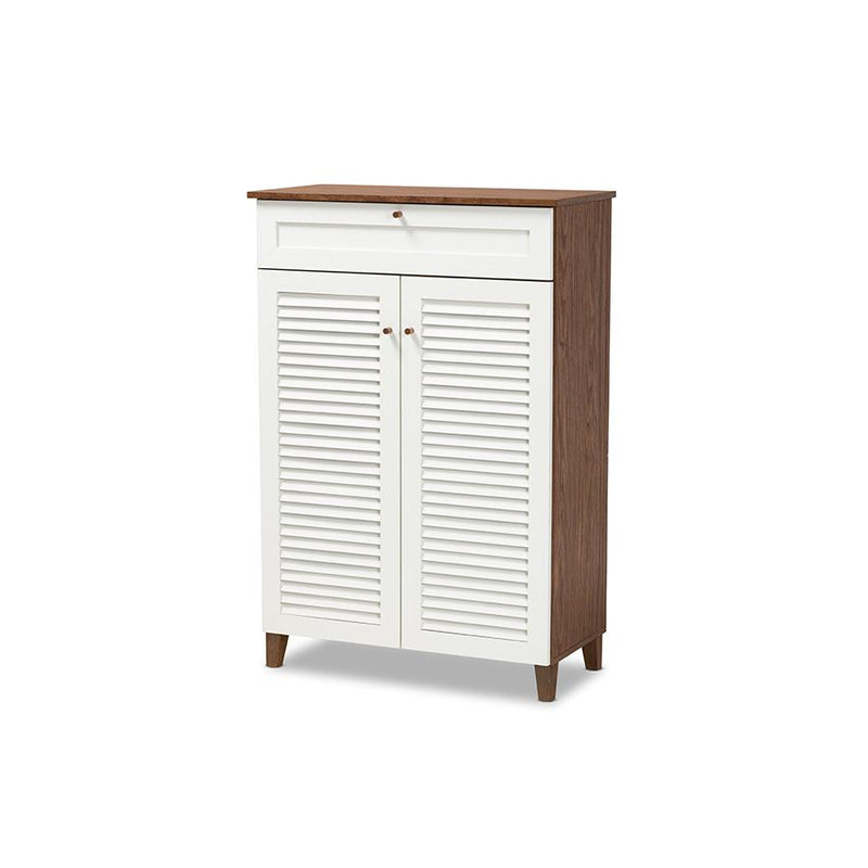 White and Walnut Finished 5-Shelf Wood Shoe Storage Cabinet with Drawer