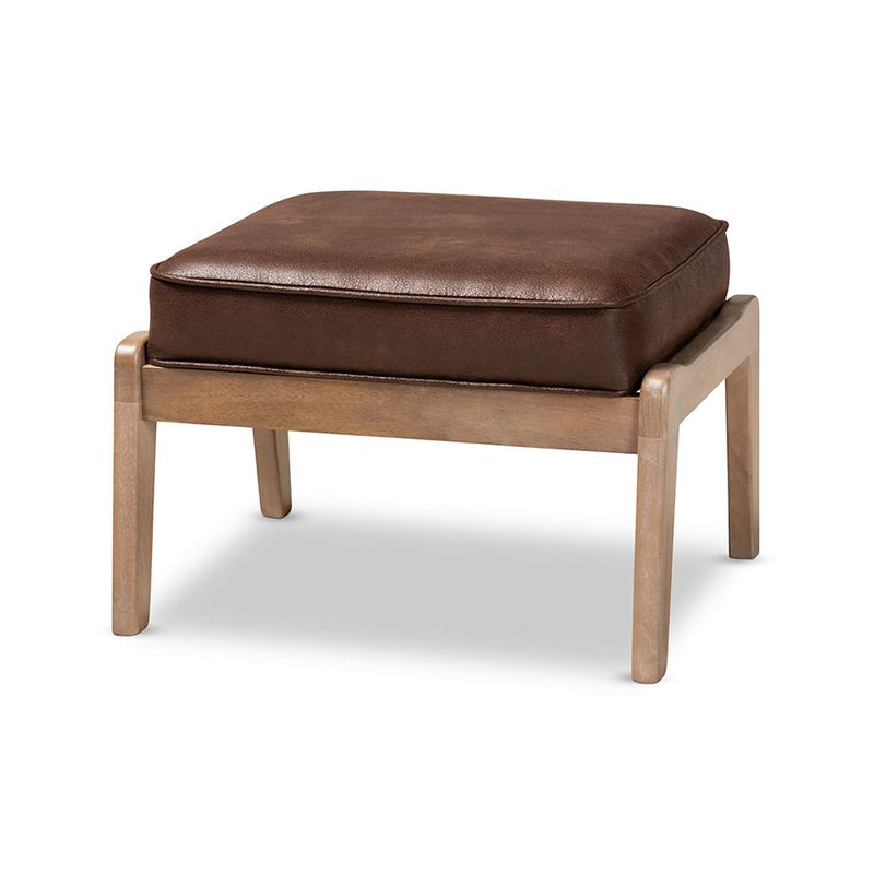 Leather Effect Fabric Upholstered Antique Oak Finished Wood Ottoman