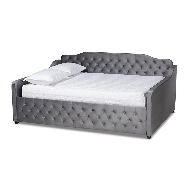 Grey Velvet Fabric Upholstered and Button Tufted Full Size Daybed