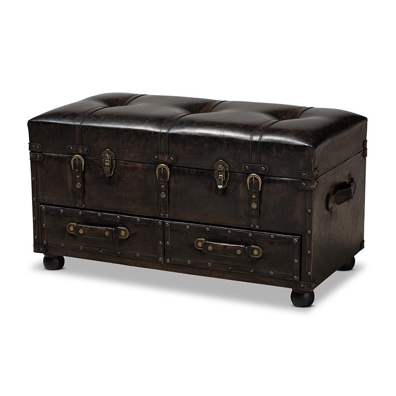 Leather Upholstered 2-Drawer Storage Trunk Ottoman