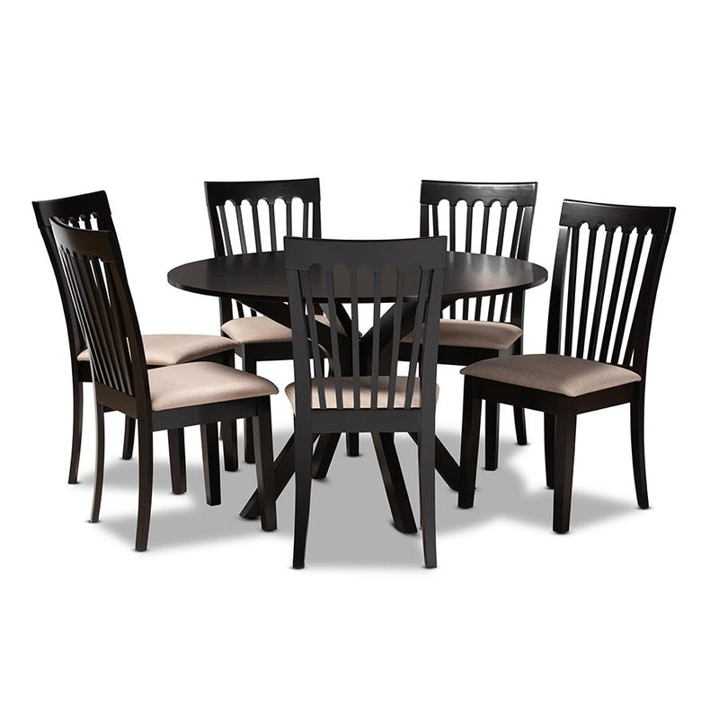 Sand Fabric Upholstered and Dark Brown Finished Wood 7-Piece Dining Set