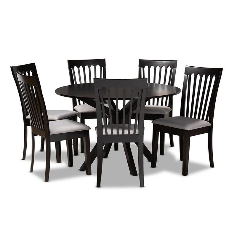 Grey Fabric Upholstered and Dark Brown Finished Wood 7-Piece Dining Set