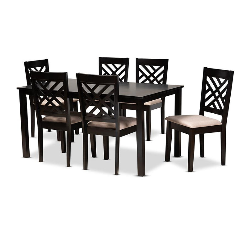 Sand Fabric Upholstered Espresso Brown Finished Wood 7-Piece Dining Set