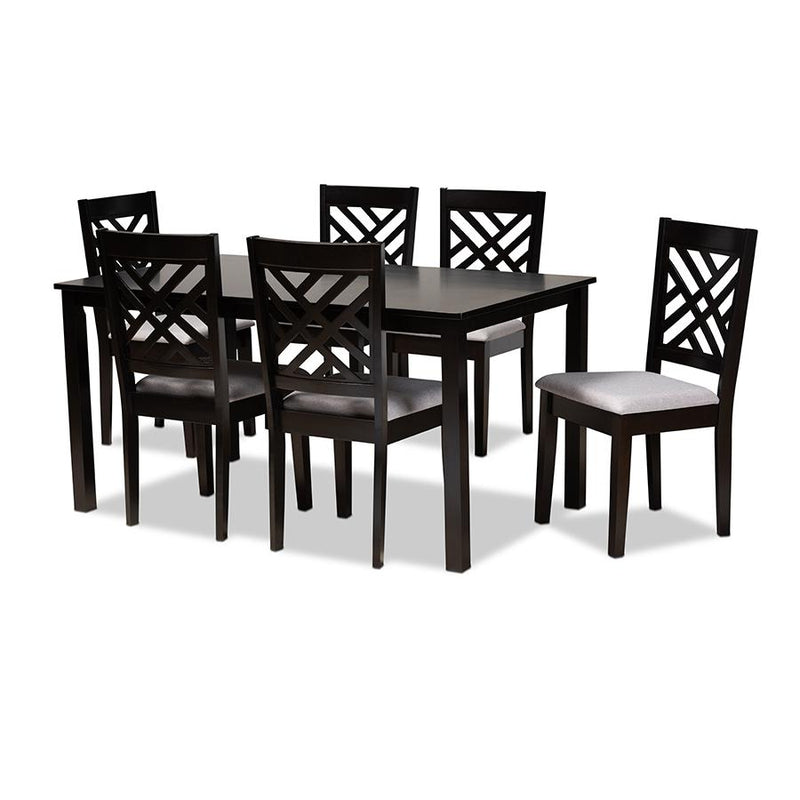 Grey Fabric Upholstered Espresso Brown Finished Wood 7-Piece Dining Set