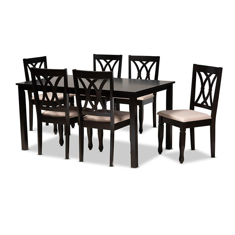 Sand Fabric Upholstered Espresso Brown Finished Wood 7-Piece Dining Set