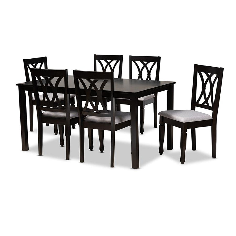 Grey Fabric Upholstered Espresso Brown Finished Wood 7-Piece Dining Set