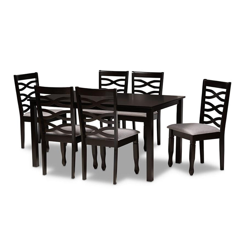 Grey Fabric Upholstered and Dark Brown Finished Wood 7-Piece Dining Set