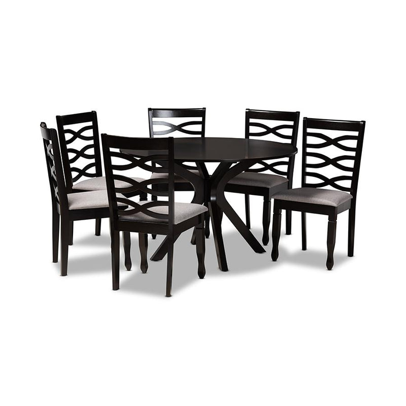 Grey Fabric Upholstered and Dark Brown Finished Wood 7-Piece Dining Set