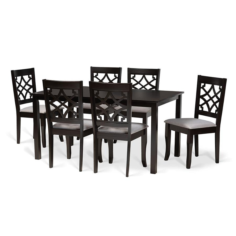 Grey Fabric Upholstered and Dark Brown Finished Wood 7-Piece Dining Set