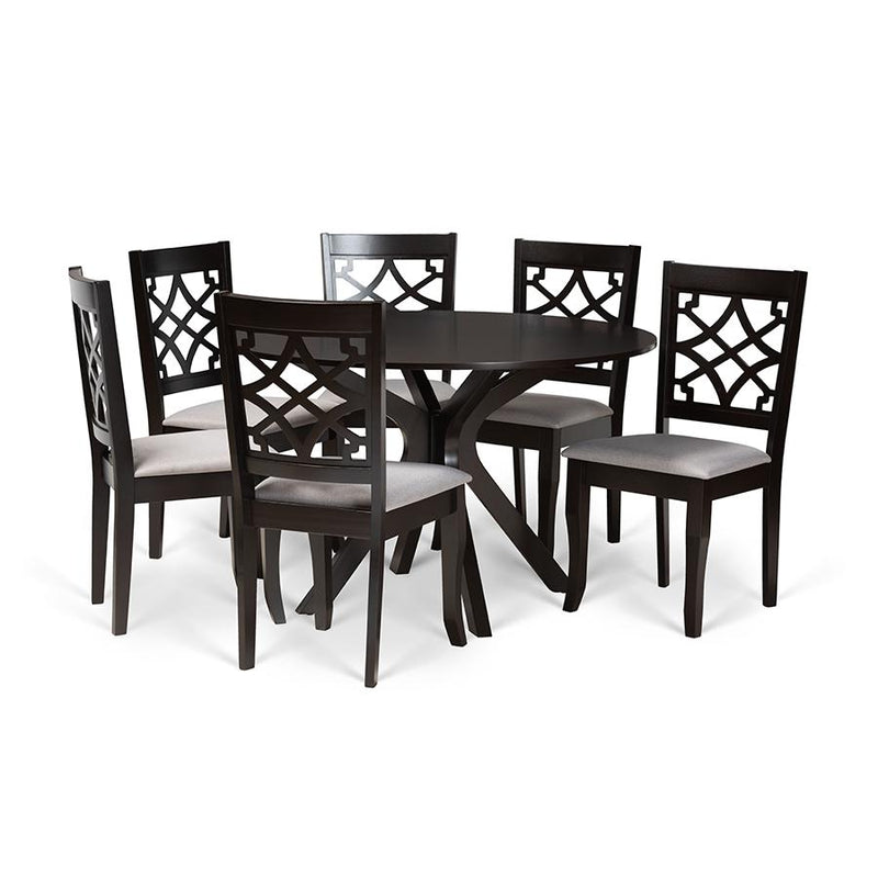 Grey Fabric Upholstered and Dark Brown Finished Wood 7-Piece Dining Set