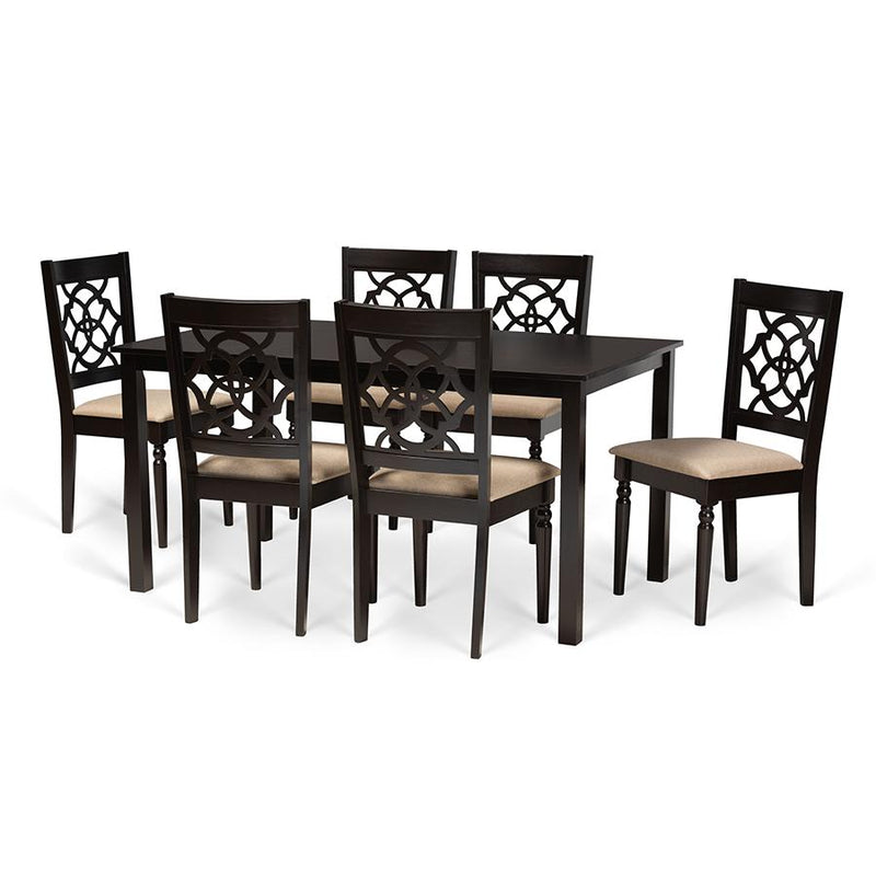 Sand Fabric Upholstered and Dark Brown Finished Wood 7-Piece Dining Set