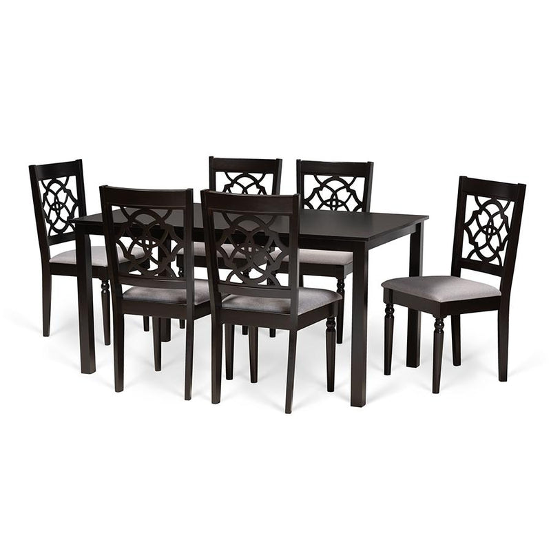 Grey Fabric Upholstered and Dark Brown Finished Wood 7-Piece Dining Set