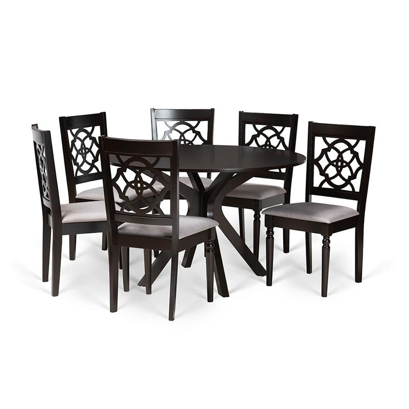 Grey Fabric Upholstered and Dark Brown Finished Wood 7-Piece Dining Set