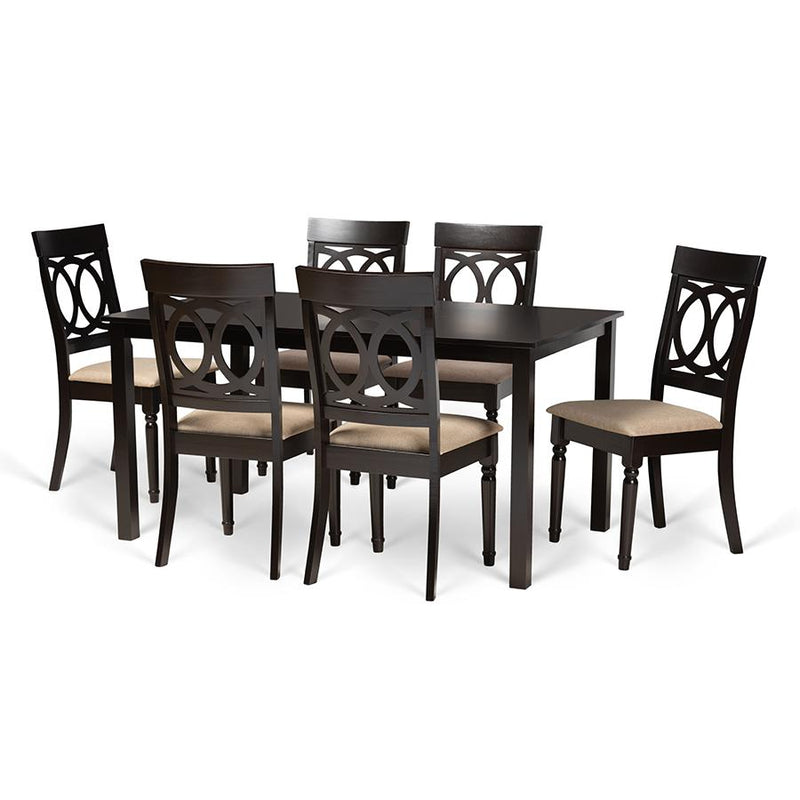 Sand Fabric Upholstered and Dark Brown Finished Wood 7-Piece Dining Set