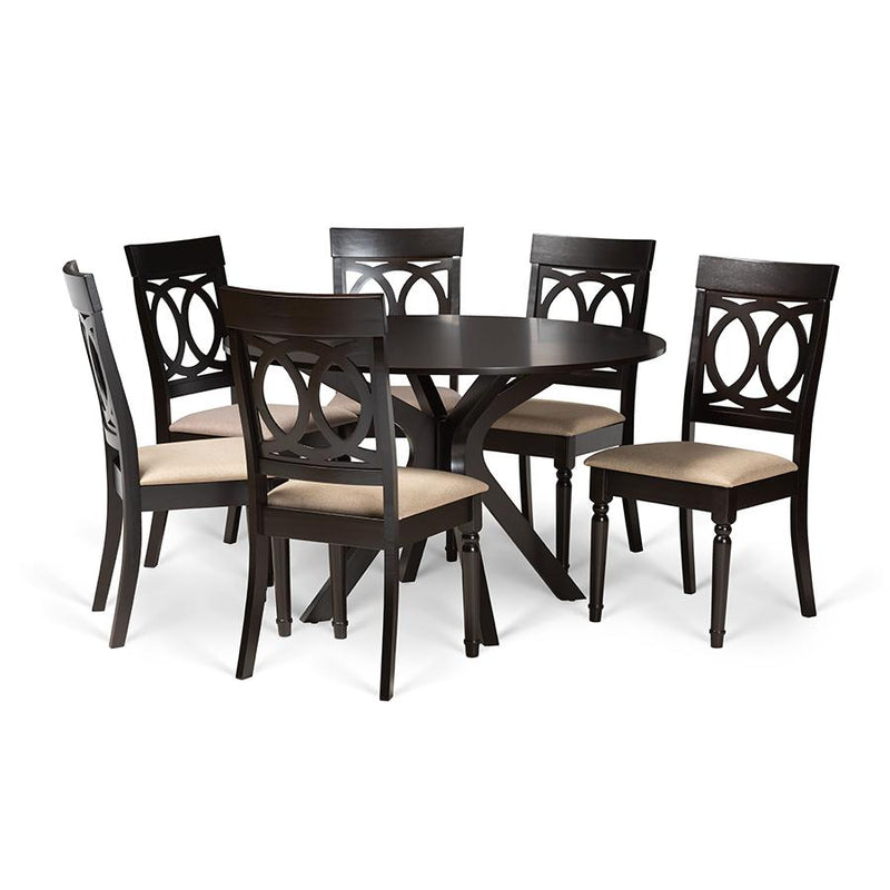 Sand Fabric Upholstered and Dark Brown Finished Wood 7-Piece Dining Set