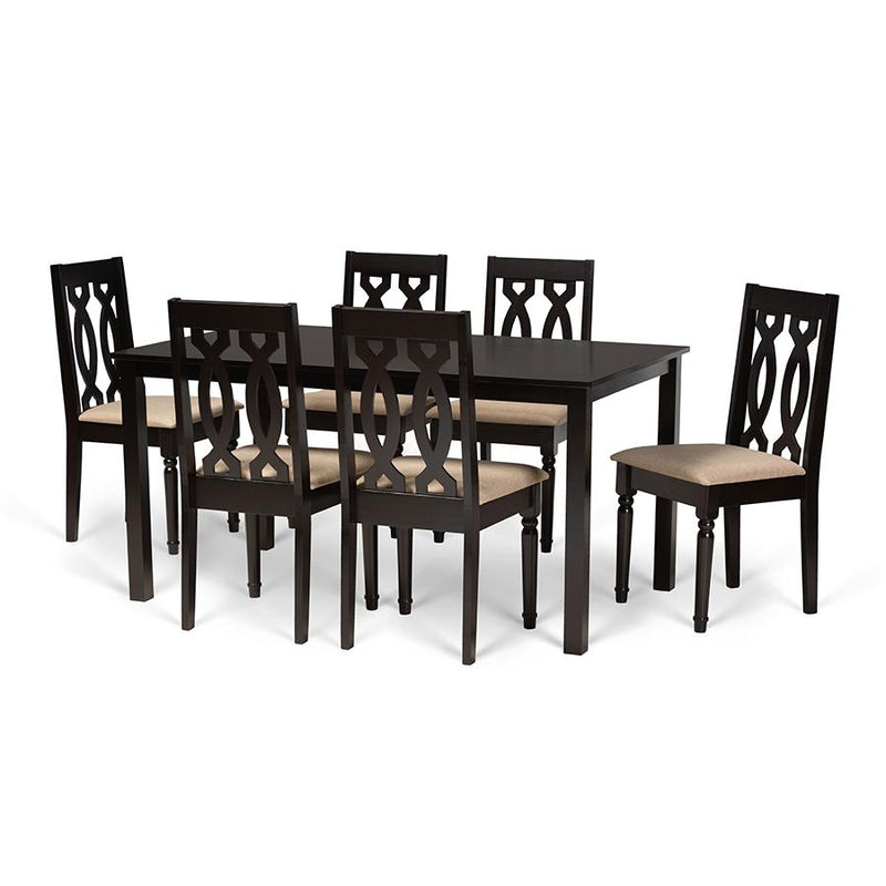 Sand Fabric Upholstered and Dark Brown Finished Wood 7-Piece Dining Set