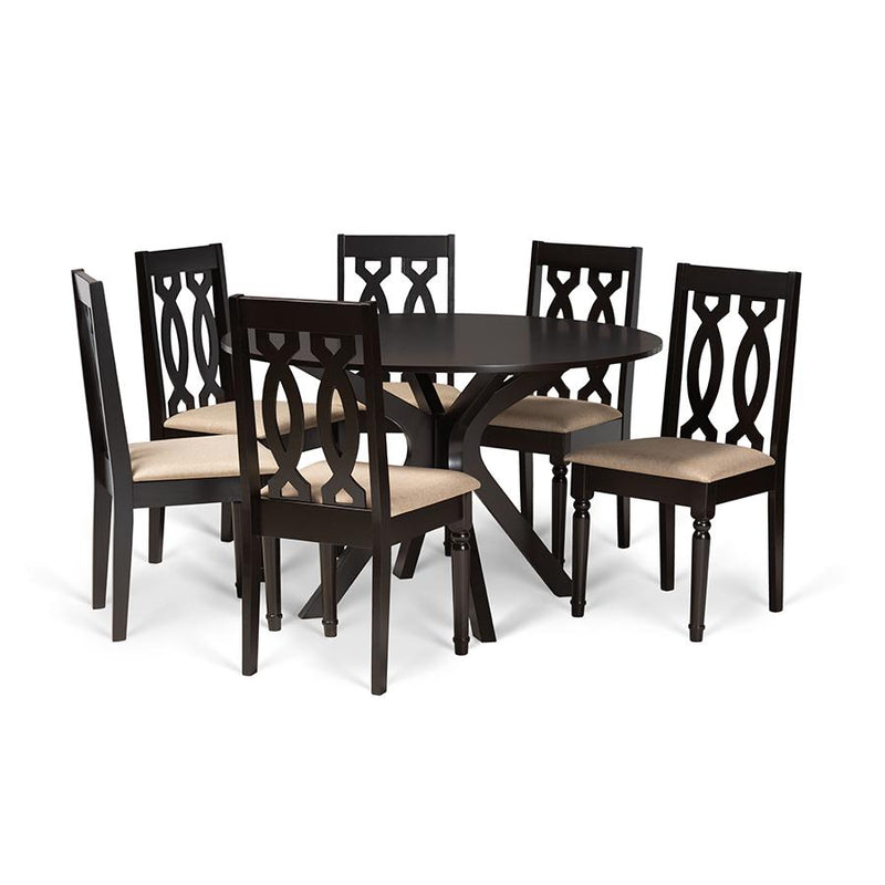 Sand Fabric Upholstered and Dark Brown Finished Wood 7-Piece Dining Set