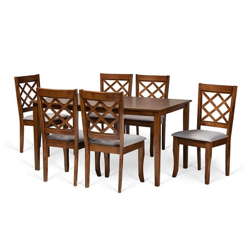 Grey Fabric Upholstered and Walnut Brown Finished Wood 7-Piece Dining Set