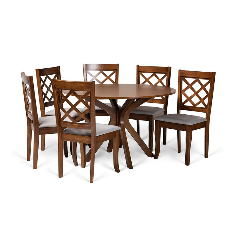 Grey Fabric Upholstered and Walnut Brown Finished Wood 7-Piece Dining Set