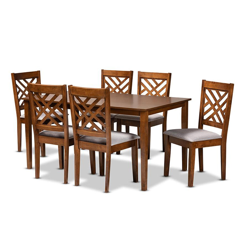 Grey Fabric Upholstered and Walnut Brown Finished Wood 7-Piece Dining Set