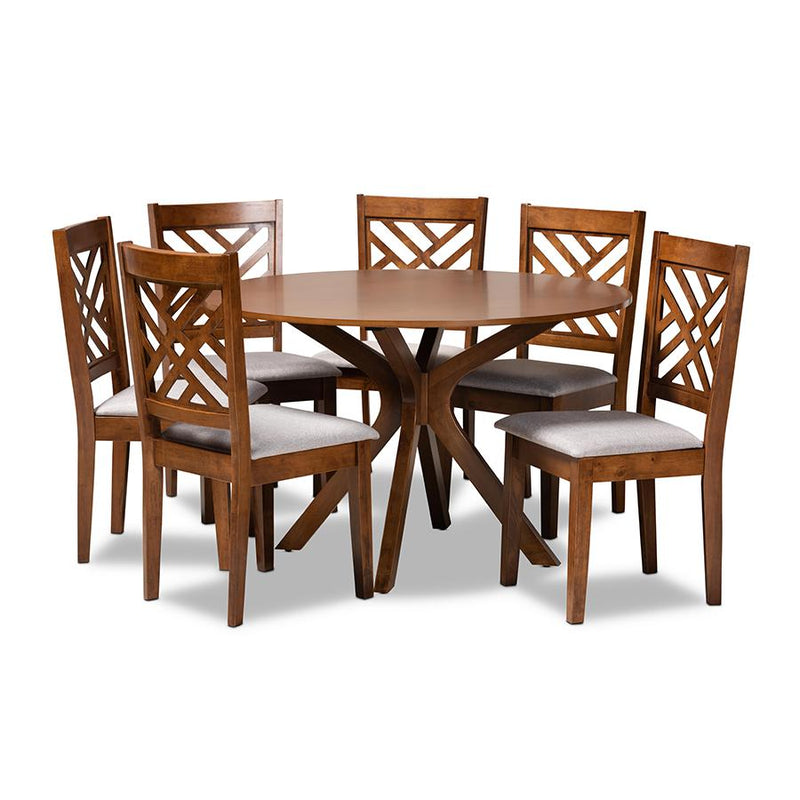 Grey Fabric Upholstered and Walnut Brown Finished Wood 7-Piece Dining Set