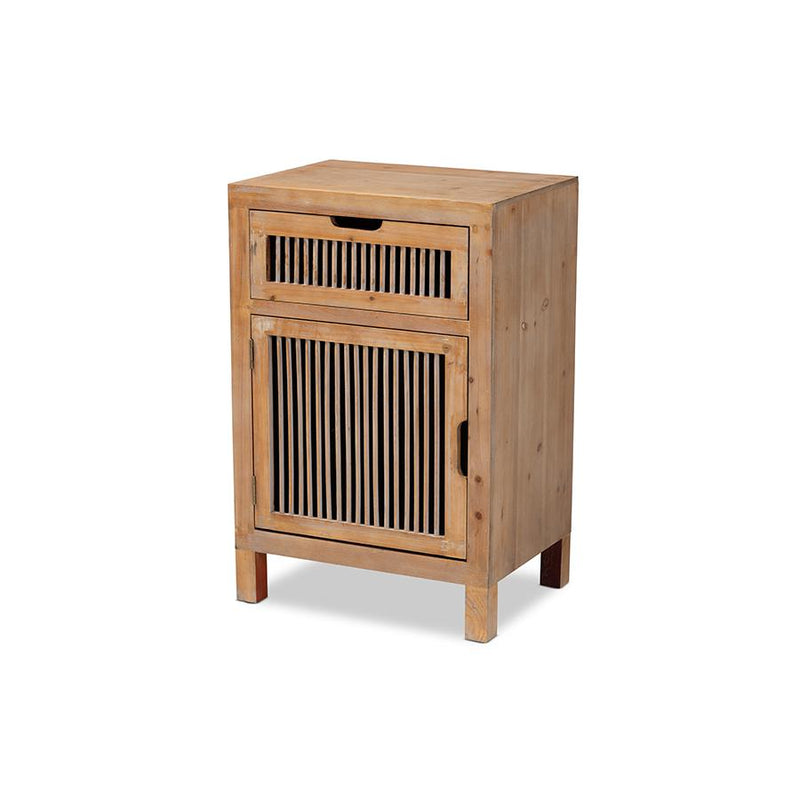 Clement Rustic Transitional Medium Oak Finished 1-Door and 1-Drawer Wood Spindle Nightstand