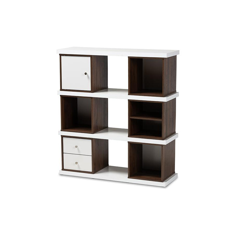 Two-Tone White and Walnut Brown Finished 2-Drawer Bookcase