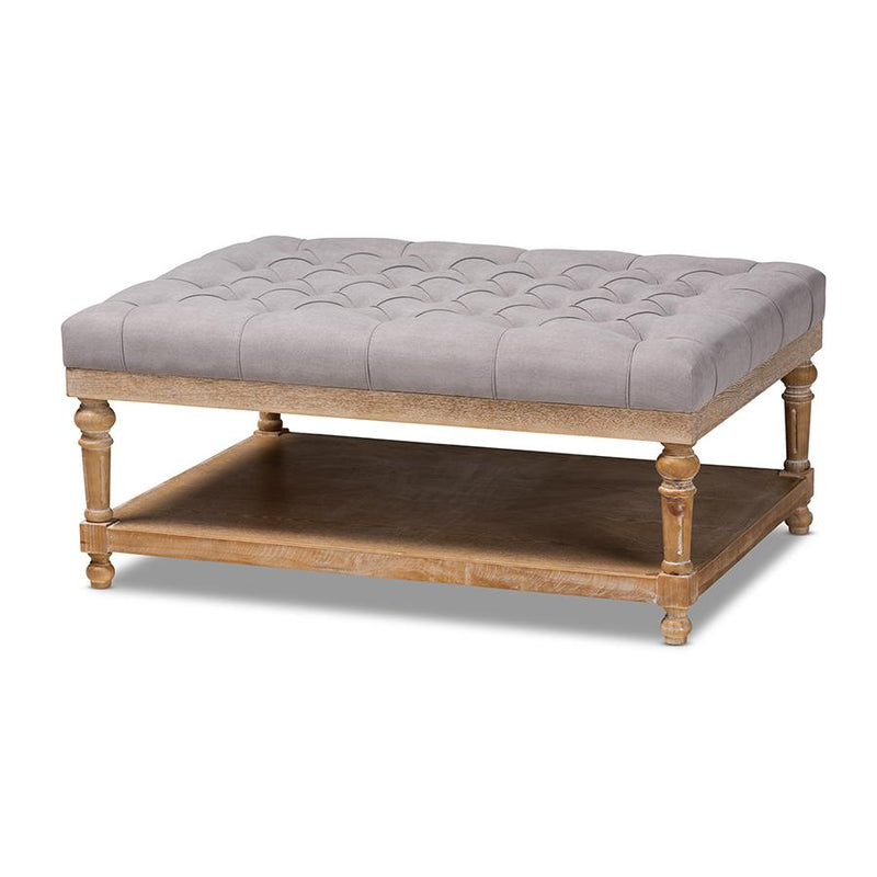 and Rustic Grey Linen Fabric Upholstered and Greywashed Wood Cocktail Ottoman