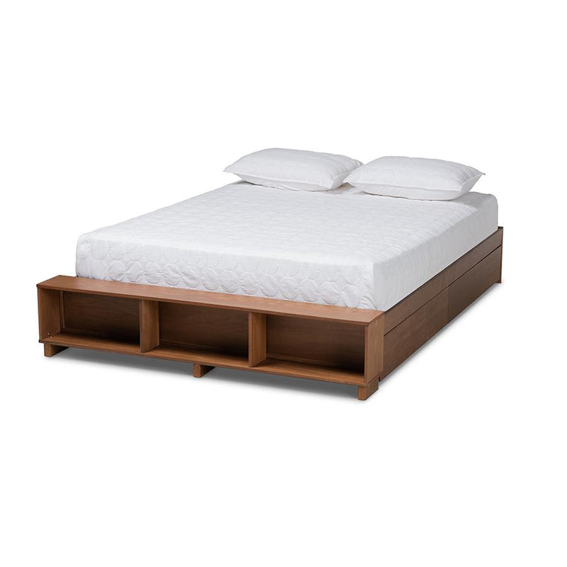 Brown Finished Wood Full Size Platform Bed with Built-In Shelves