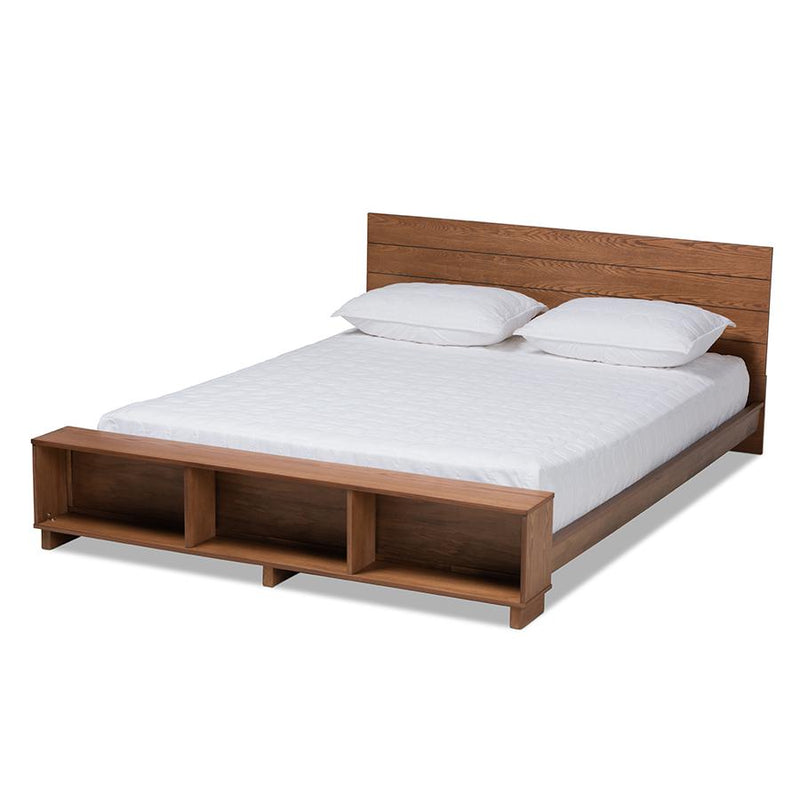 Walnut Brown Finished Wood Full Size Platform Storage Bed with Built-In Shelves