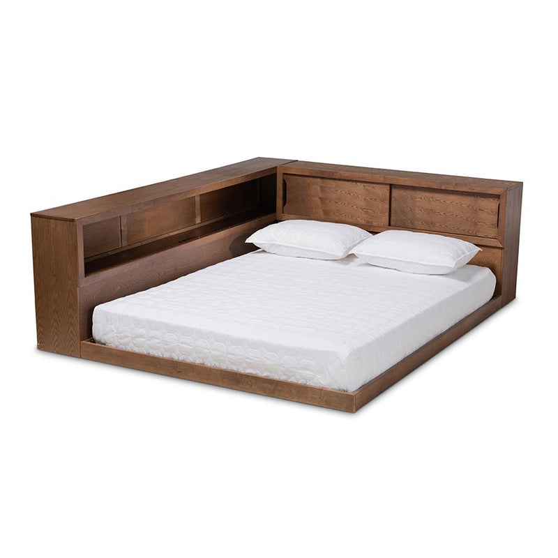 Brown Finished Wood Queen Size Platform Storage Bed with Built-In Outlet