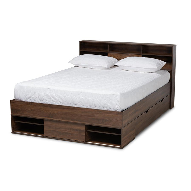 Walnut Brown Finished Wood 1-Drawer Queen Size Platform Storage Bed with Shelves